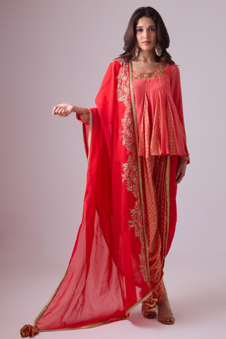 Red crepe godet top with pleated dhoti salwar pant and scarf