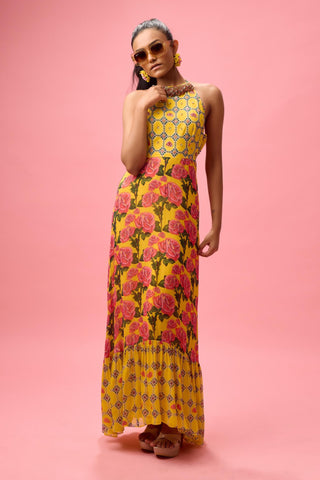 Multicolor printed with handwork finishing on yoke dress