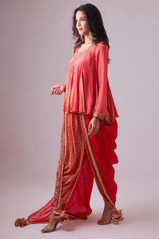 Red crepe godet top with pleated dhoti salwar pant and scarf