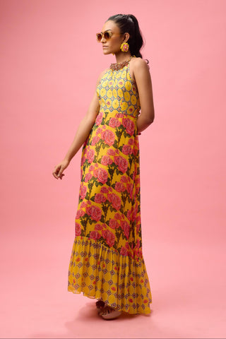 Multicolor printed with handwork finishing on yoke dress