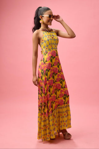 Multicolor printed with handwork finishing on yoke dress