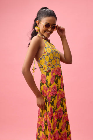 Multicolor printed with handwork finishing on yoke dress