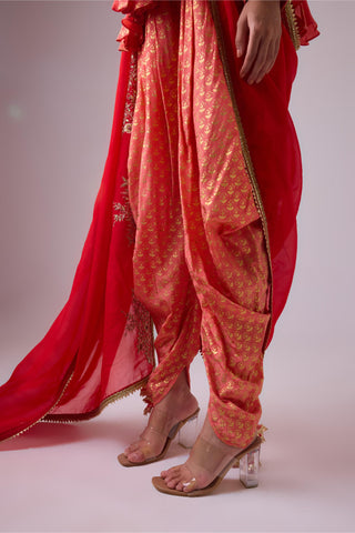 Red crepe godet top with pleated dhoti salwar pant and scarf