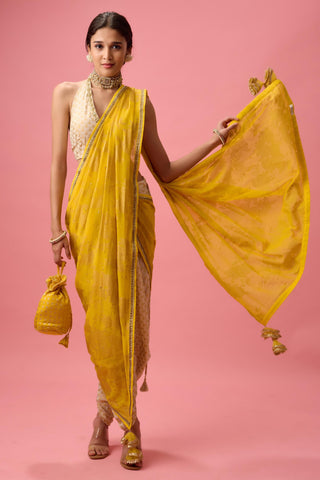 Yellow crepe dhoti saree