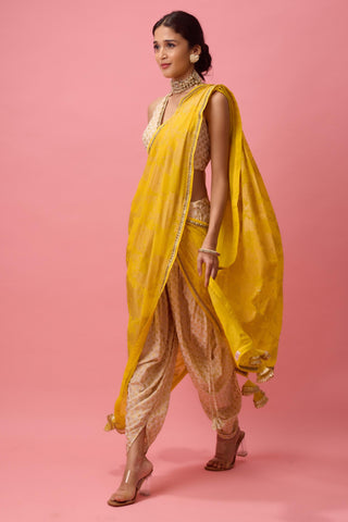 Yellow crepe dhoti saree