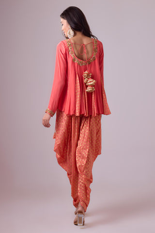 Red crepe godet top with pleated dhoti salwar pant and scarf