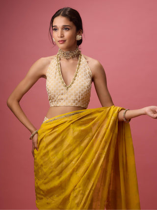 Yellow crepe dhoti saree