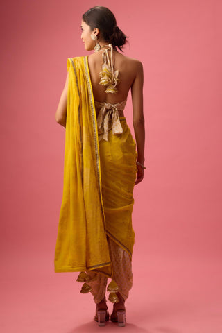 Yellow crepe dhoti saree