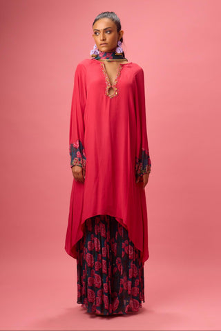 Red watermelon solid crepe asymmetrical handwork kurta paired with printed sharara and dupatta