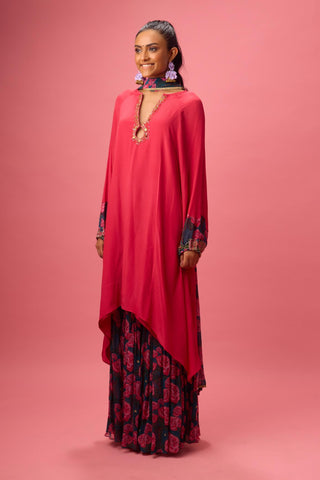 Red watermelon solid crepe asymmetrical handwork kurta paired with printed sharara and dupatta