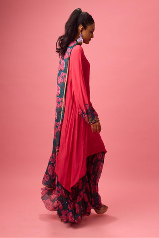 Red watermelon solid crepe asymmetrical handwork kurta paired with printed sharara and dupatta