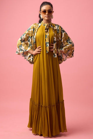 Yellow ochre modal satin printed cape dress