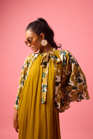 Yellow ochre modal satin printed cape dress