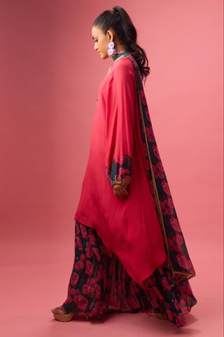 Red watermelon solid crepe asymmetrical handwork kurta paired with printed sharara and dupatta