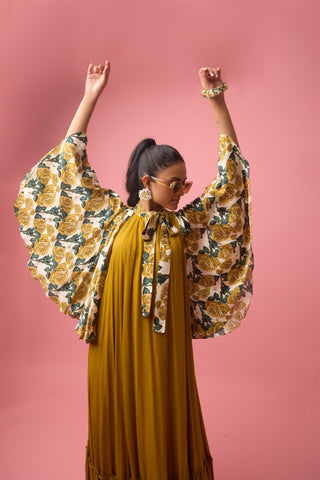 Yellow ochre modal satin printed cape dress