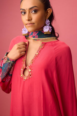 Red watermelon solid crepe asymmetrical handwork kurta paired with printed sharara and dupatta