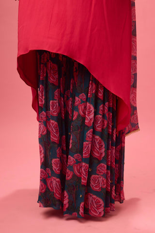 Red watermelon solid crepe asymmetrical handwork kurta paired with printed sharara and dupatta