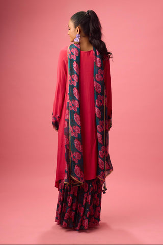 Red watermelon solid crepe asymmetrical handwork kurta paired with printed sharara and dupatta