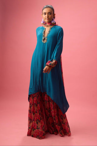 Blue solid crepe asymmetrical handwork kurta paired with printed sharara and dupatta