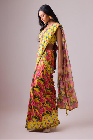 Multicolor floral printed georgette saree with back knotting printed blouse