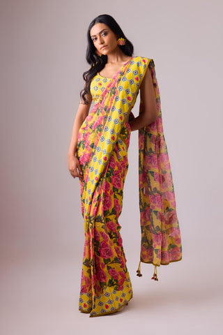 Multicolor floral printed georgette saree with back knotting printed blouse