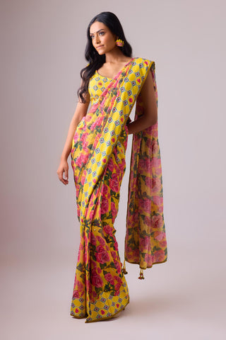 Multicolor floral printed georgette saree with back knotting printed blouse