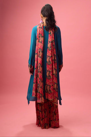 Blue solid crepe asymmetrical handwork kurta paired with printed sharara and dupatta