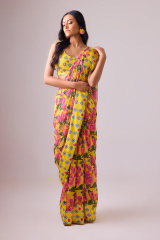 Multicolor floral printed georgette saree with back knotting printed blouse