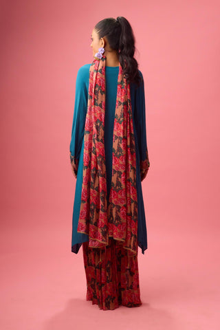 Blue solid crepe asymmetrical handwork kurta paired with printed sharara and dupatta