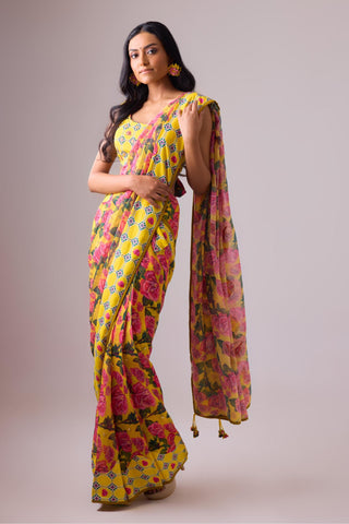 Multicolor floral printed georgette saree with back knotting printed blouse