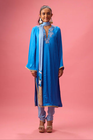 Blue printed handwork kurta with churidar paired with skinny scarf