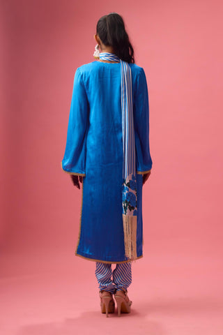 Blue printed handwork kurta with churidar paired with skinny scarf