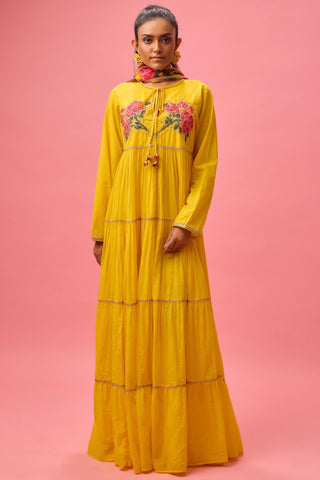 Yellow rose applique kalidar paired with printed dupatta and churidar