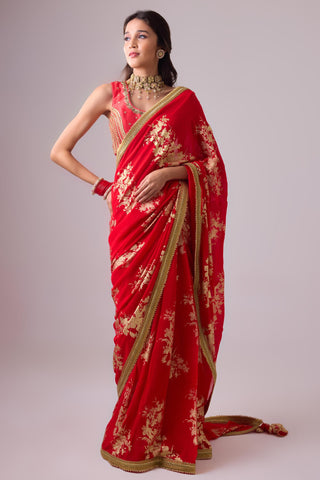 Red georgette badal sitara gold foil printed saree with gota blouse