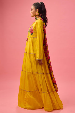 Yellow rose applique kalidar paired with printed dupatta and churidar