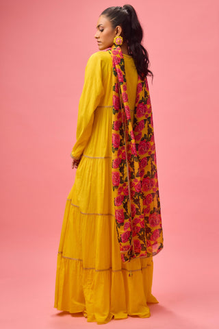 Yellow rose applique kalidar paired with printed dupatta and churidar