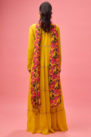 Yellow rose applique kalidar paired with printed dupatta and churidar