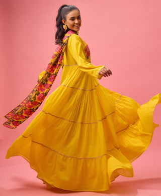 Yellow rose applique kalidar paired with printed dupatta and churidar