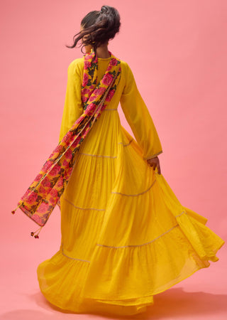 Yellow rose applique kalidar paired with printed dupatta and churidar