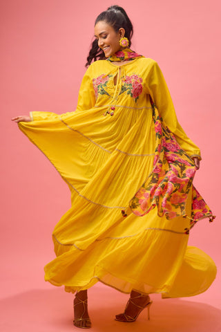 Yellow rose applique kalidar paired with printed dupatta and churidar