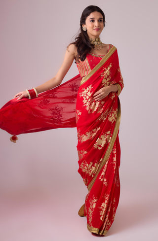 Red georgette badal sitara gold foil printed saree with gota blouse