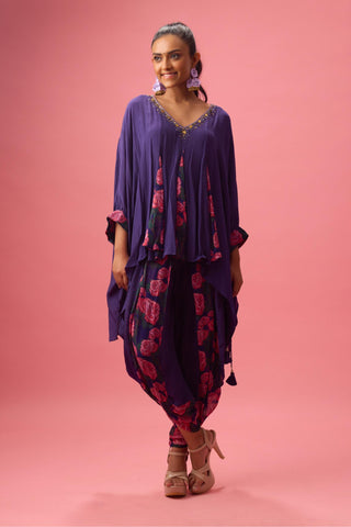 Purple printed with godet kaftan top and dhoti paired