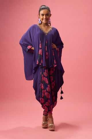 Purple printed with godet kaftan top and dhoti paired