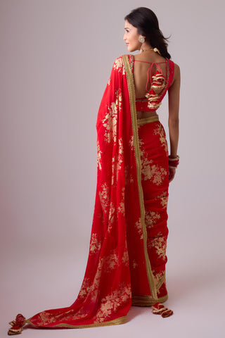 Red georgette badal sitara gold foil printed saree with gota blouse