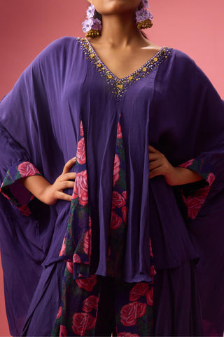 Purple printed with godet kaftan top and dhoti paired