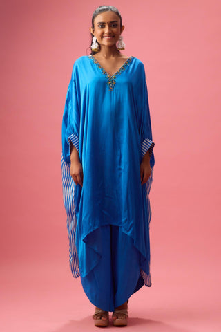 Blue solid kaftan with stripe pleated detailing paired with pants