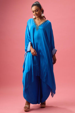 Blue solid kaftan with stripe pleated detailing paired with pants