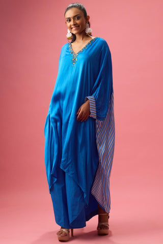 Blue solid kaftan with stripe pleated detailing paired with pants