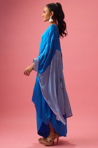 Blue solid kaftan with stripe pleated detailing paired with pants