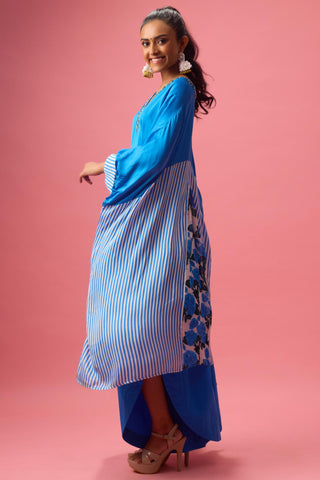 Blue solid kaftan with stripe pleated detailing paired with pants